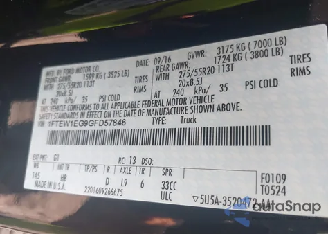 2016 Ford F-150 Lariat z USA, uszkodzony, nr VIN 1FTEW1EG9GFD57846